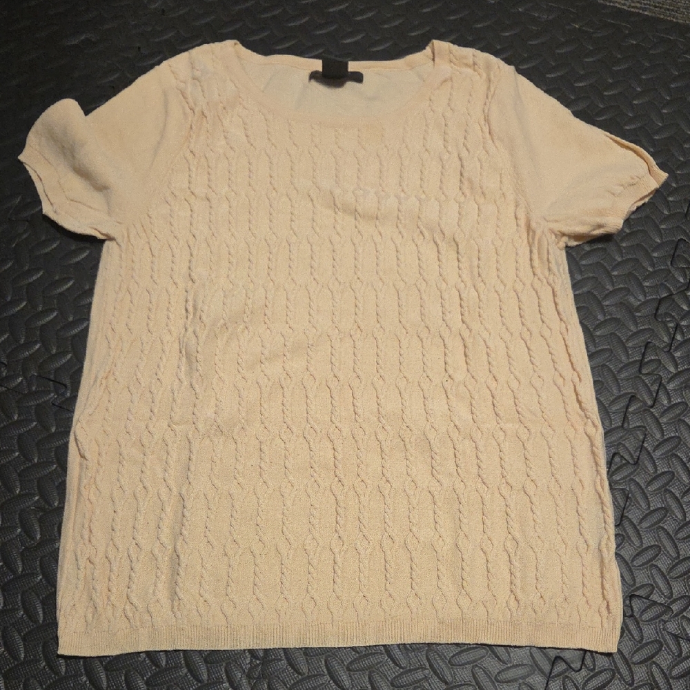 Mantles Beige Short Sleeve Cable Knit Sweater